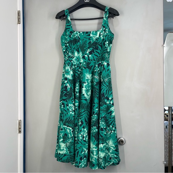 Zara Woman Green Tropical Fit and Flare Dress Size Medium  Palm Hawaiian - Picture 5 of 11